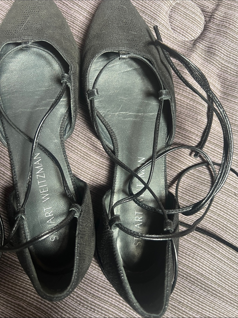 Stuart Weitzman Black Suede Pointed Lace-Up Flats with Ankle Ties